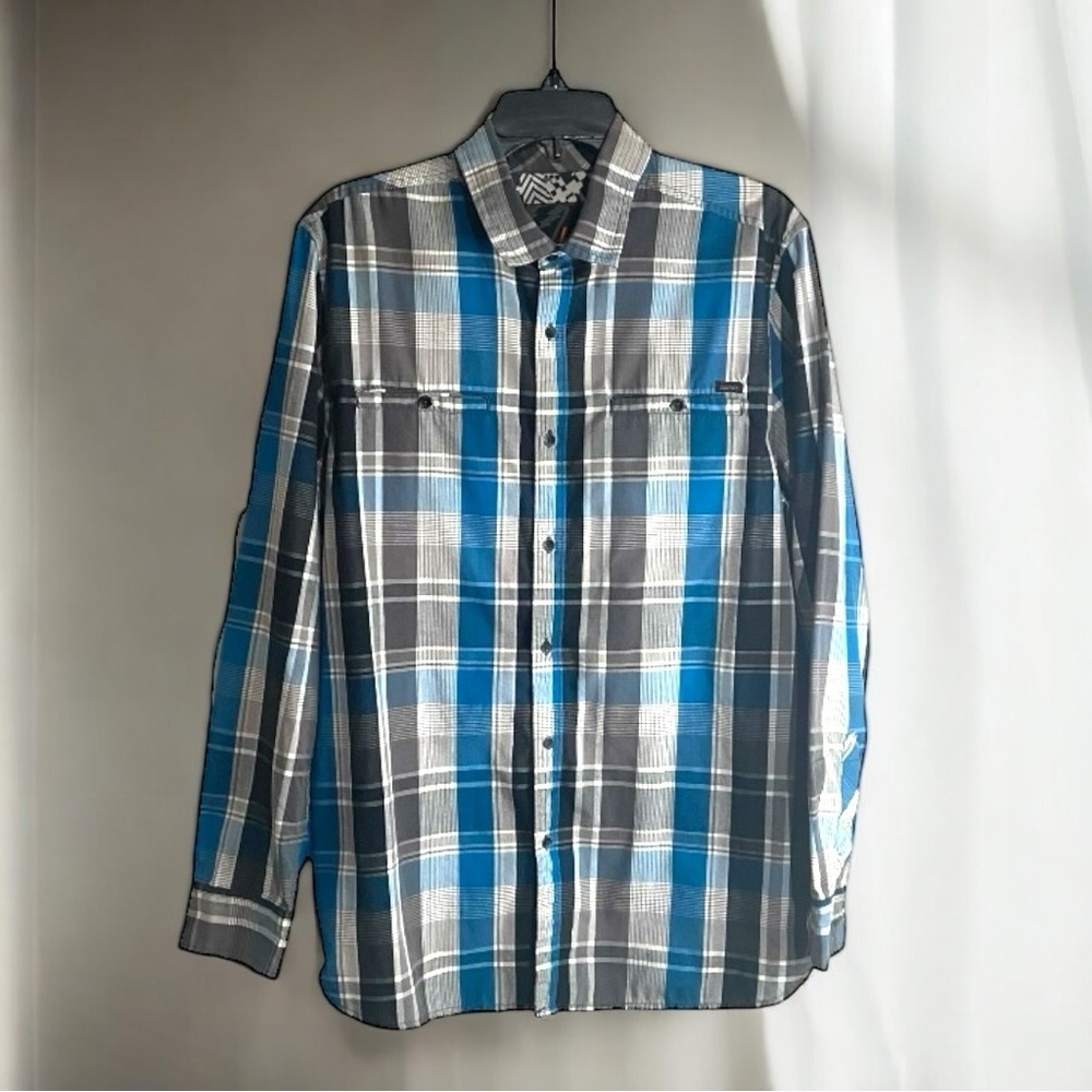 Men's Amplify Button‎ Down Shirt Western Black & Teal Checkered Print